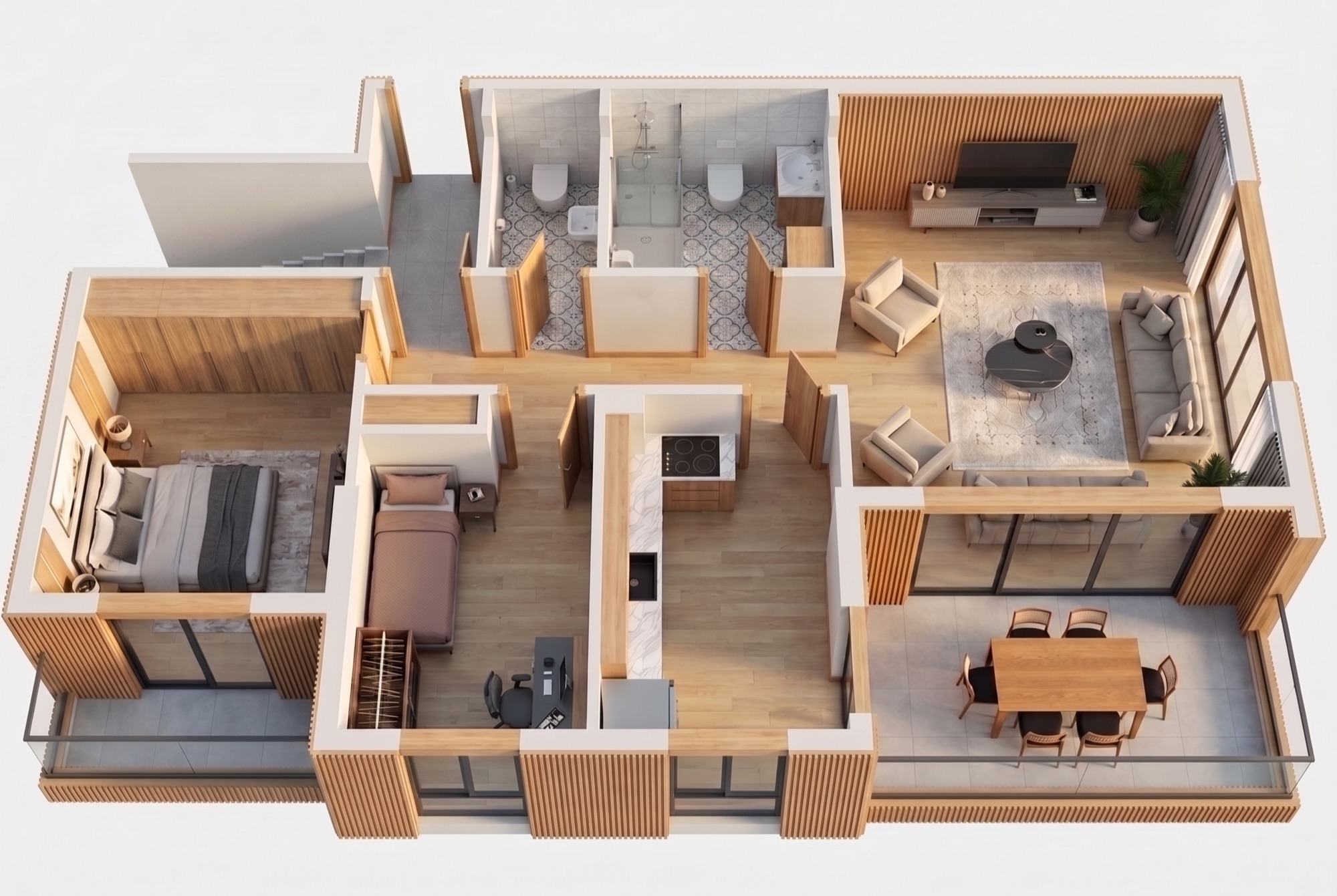 Manora Trio 2+1 kuşbakışı döşeli plan